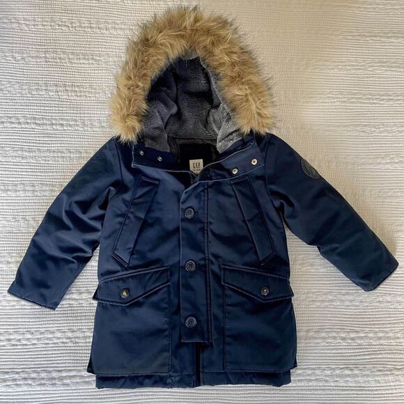 Gap Kids Navy Blue Parka Faux Fur Hooded Down Jacket XS - Picture 1 of 10